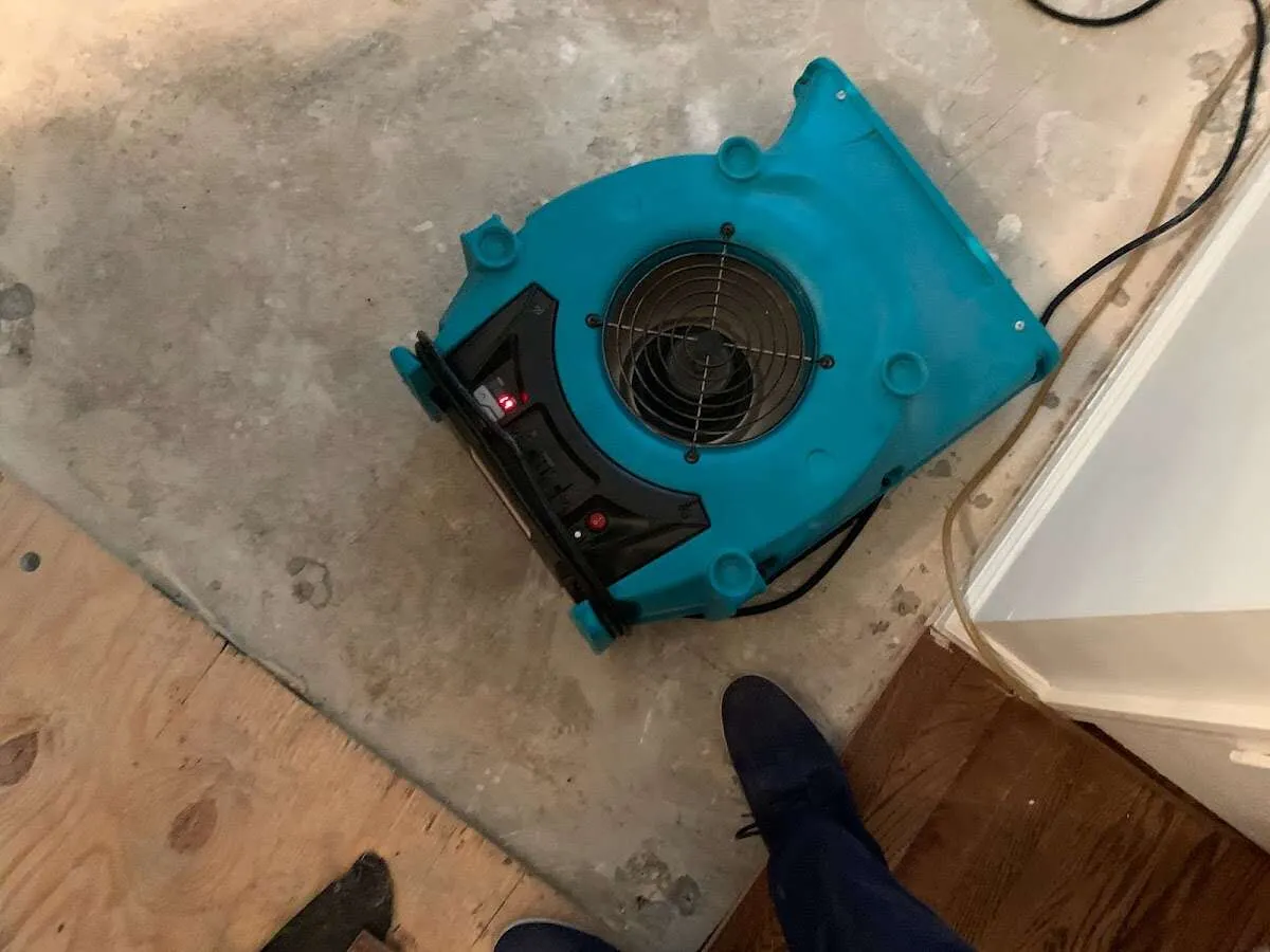 Air mover drying subfloor during Leak Detection & Repair in Cookeville